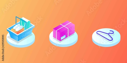 Online Mobile shopping elements isometric isolated icon set. Can use for web banner, infographics, hero images. Phone, cart, money, box, bag, clothes, credit card, sale, fast delivery, coupon discount