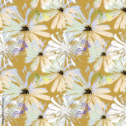 Seamless pattern white and beige with blue flowers with a black center on a mustard background.