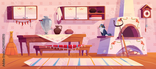 Old russian kitchen interior with traditional stove, wooden table, bench, cuckoo-clock, samovar, grip, shelf with pots, jug for milk, rag on floor and cat. Rural room decor Cartoon vector illustration
