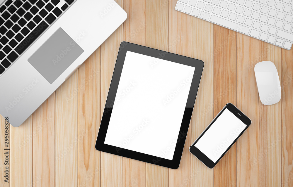 Blank Smartphone, tablet, computer laptop on wood table background, workspace, mock up, illustration 3D rendering Blank Smartphone, tablet, computer laptop on wood table background, workspace, mock up, illustration 3D rendering