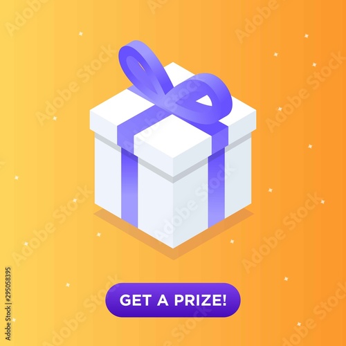 Get your prize, reward isometric vector illustration web banner. Funny cartoon gift box with bow Icon for a game interfaces. You can win prizes. Lottery advertising template.