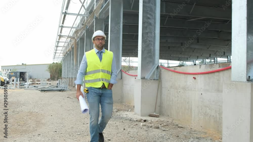 portrait of handsome foreman construction worker on a industrial building industry construction site 4 K 50 fps footage portrait of handsome foreman construction worker on a industrial building industry construction site 4 K 50 fps footage