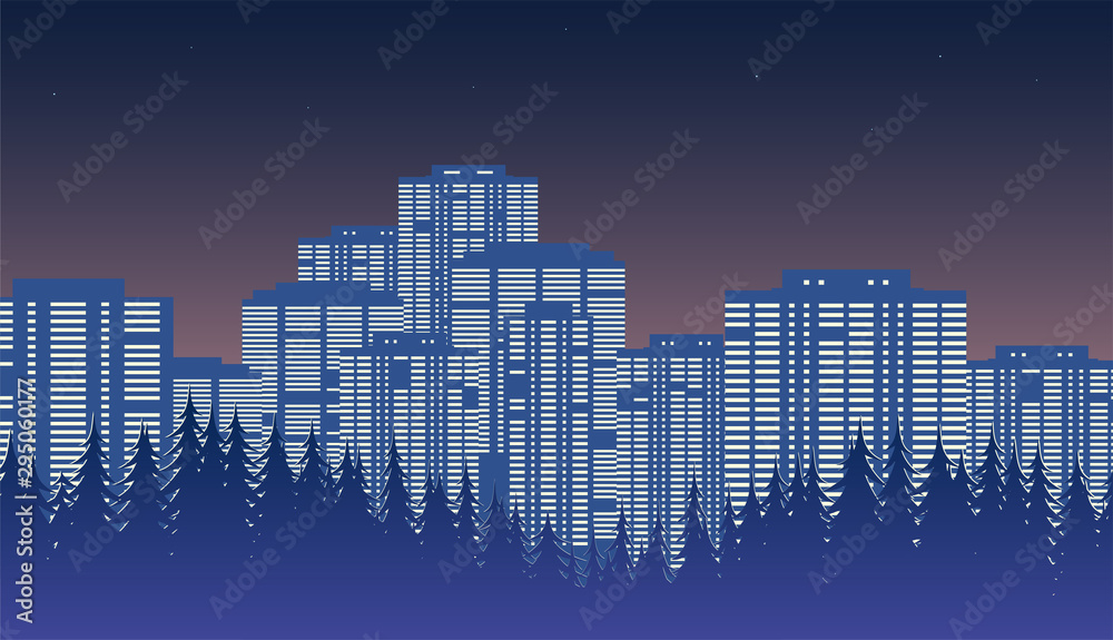 The silhouette of the coniferous forest, beyond which you can see the panorama of the night city with skyscrapers. Bright light in the windows of buildings. Dark sky. Flat vector illustration.