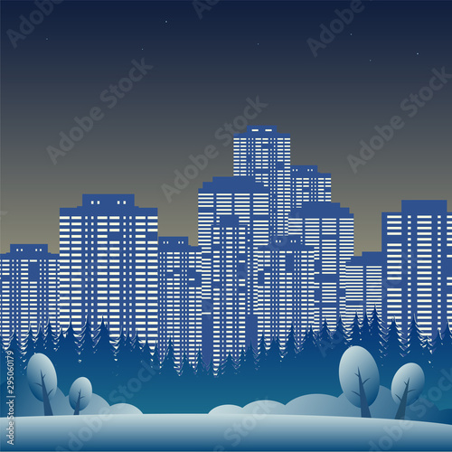 Winter. Forest glade with trees in the snow. Behind them is a large evening city with skyscrapers and luminous windows. Darkness in blue tones. Vector illustration for background.