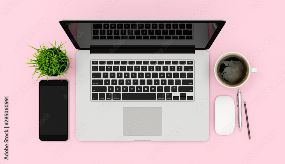 Laptop, smartphone and coffee cup on pink table background, 3d rendering Laptop, smartphone and coffee cup on pink table background, 3d rendering