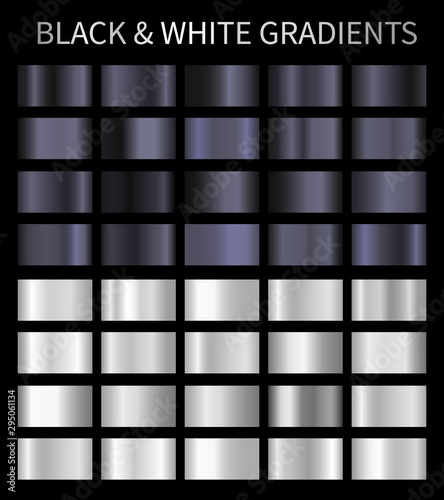 Black and white vector gradients. Silver metallic, chrome gradients