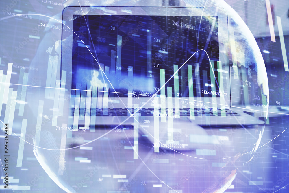 Multi exposure of business theme icons and table with computer background. Concept of success. Multi exposure of business theme icons and table with computer background. Concept of success.