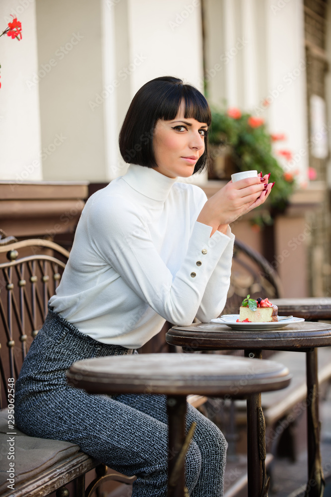 Girl relax cafe with coffee and dessert. Woman attractive elegant brunette enjoy dessert and coffee cafe terrace background. Dessert concept. Pleasant time and relaxation. Delicious and gourmet snack Girl relax cafe with coffee and dessert. Woman attractive elegant brunette enjoy dessert and coffee cafe terrace background. Dessert concept. Pleasant time and relaxation. Delicious and gourmet snack
