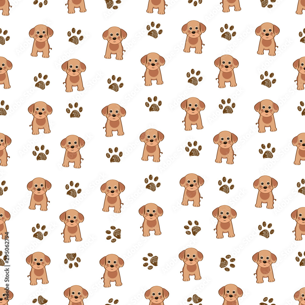 Fototapeta premium Cute lovely dog and doodle paw prints with white background seamless pattern