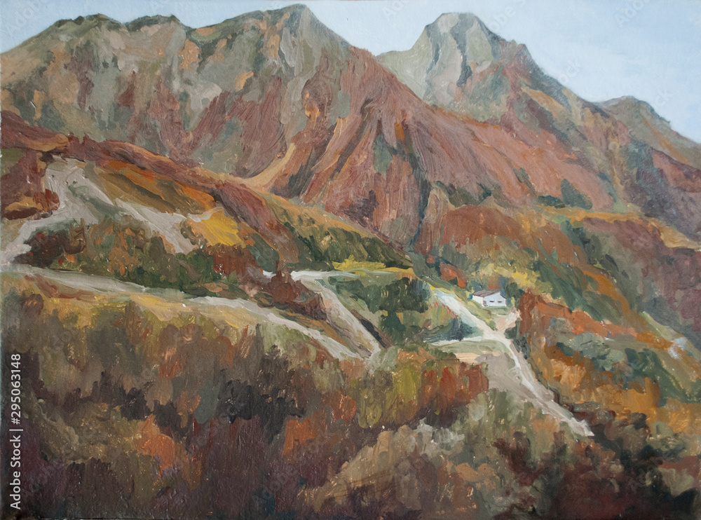mountain landscape, autumn in the mountains, oil painting mountains