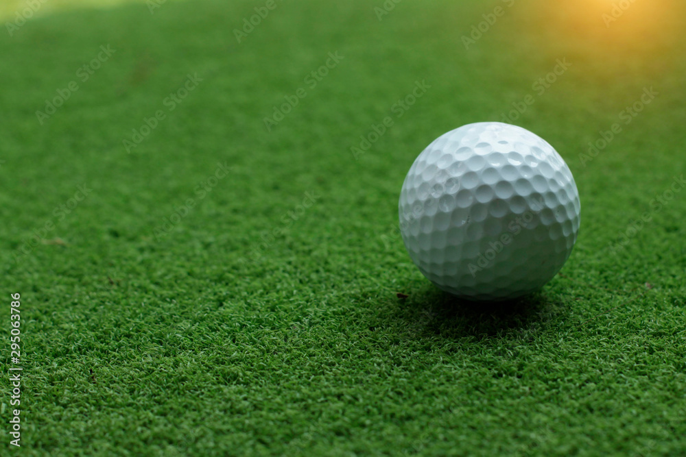 Golf ball on green grass in the evening golf course Golf ball on green grass in the evening golf course