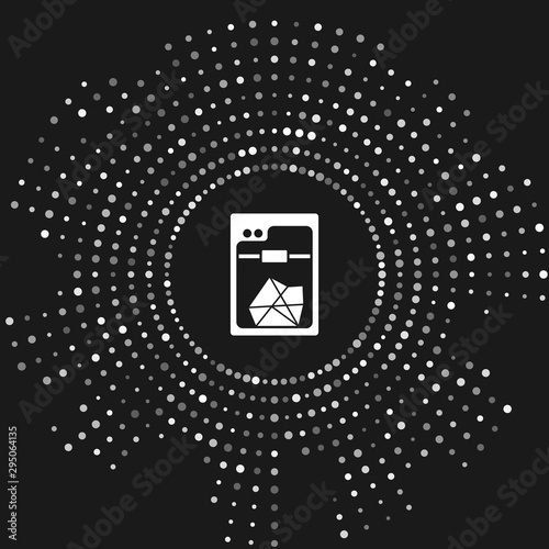 White 3D printer icon isolated on grey background. Abstract circle random dots. Vector Illustration