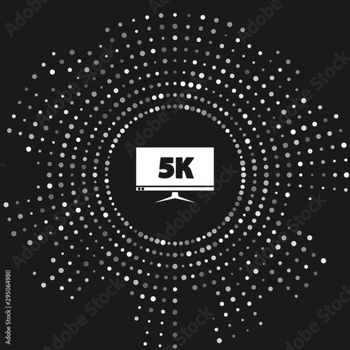 White Computer PC monitor display with 5k video technology icon isolated on grey background. Abstract circle random dots. Vector Illustration