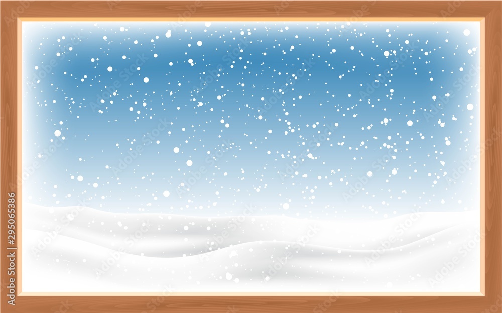 Fototapeta landscape of snowing at the wooden window