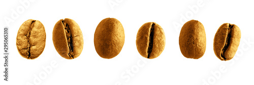 Six golden coffee beans close-up shot on a white background.