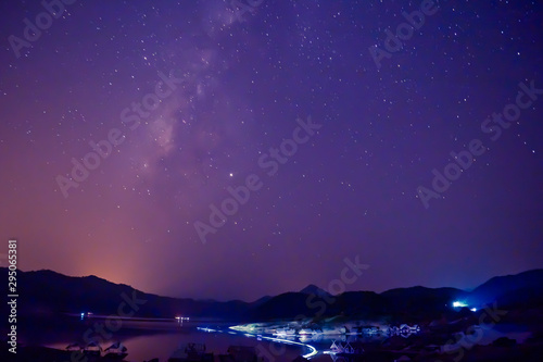 The milky way  mountains  rivers at night.