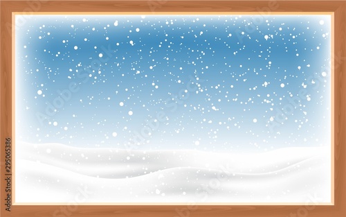 landscape of snowing at the wooden window