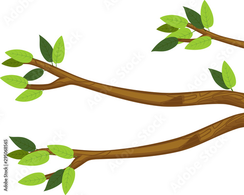 Cartoon tree branches with green leaves isolated on white background