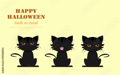 Black cat in three face characters. Cartoon character flat design vector illustration.