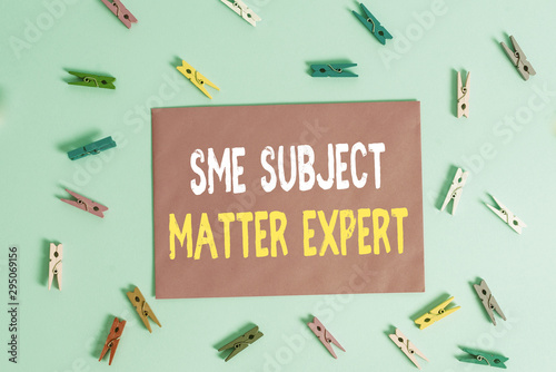 Conceptual hand writing showing Sme Subject Matter Expert. Concept meaning Authority in a particular area or topic Domain Colored clothespin rectangle shaped paper blue background