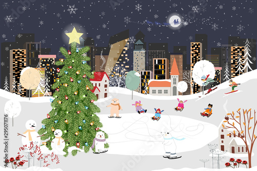 Panorama Winter landscape, Christmas and new year celebrated in the city,Vector of horizontal banner winter wonderland in the town with happy kids sledding and couple with skiing in the park