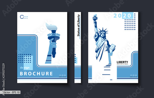Brochure cover design template. Geometric design statue of liberty. New York, homes. First page, layout. Blue and white design. Book, booklet, album, poster. Annual report, title. Ad text, torch hand