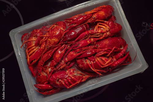 Packaged Crawfish on stove top photo