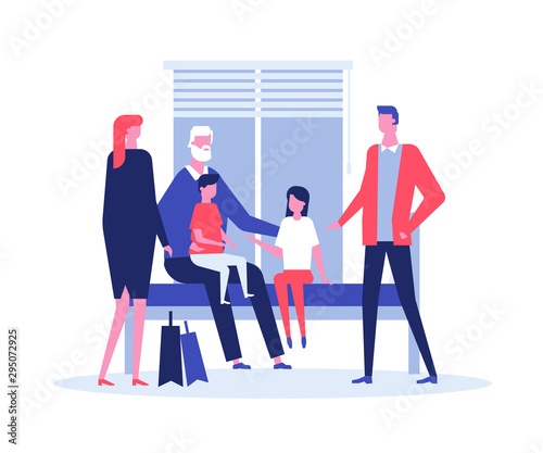 Family visiting grandfather in nursing home flat vector illustration