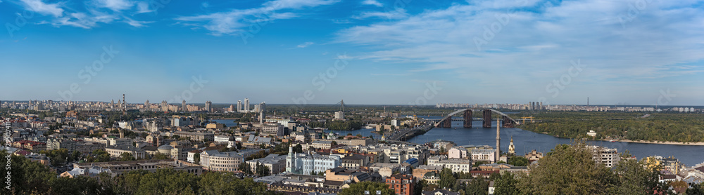 panorama view over kiev the dnieper river and the podilsko voskresensky bridge ukraine