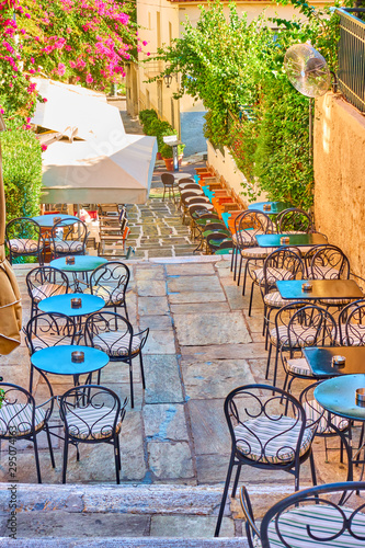 Street cafe on the stairs in Plaka in Athens