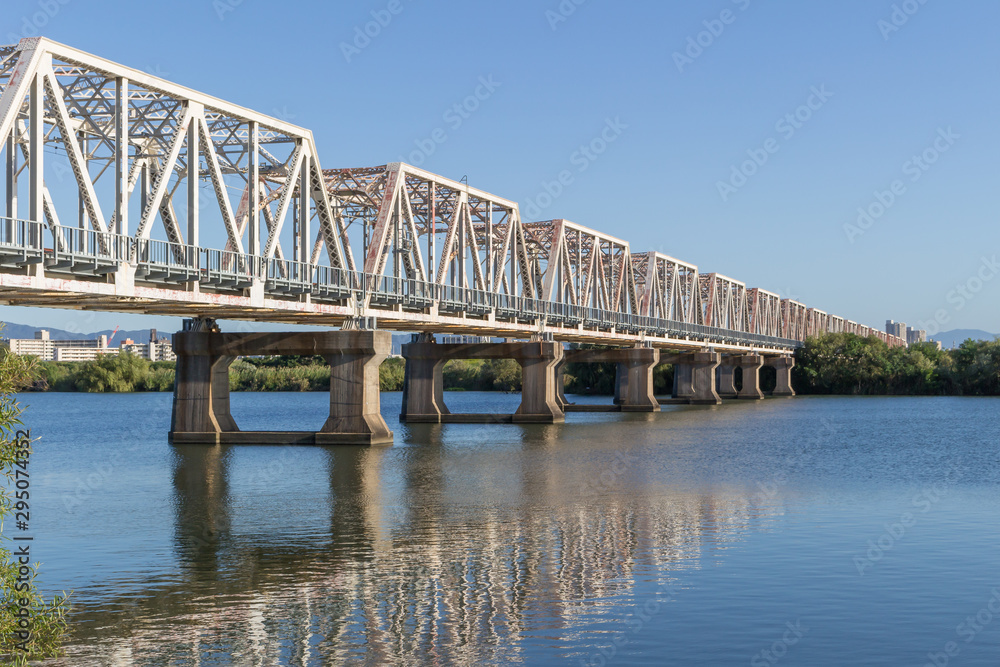 淀川右岸の下流から見た淀川橋梁（2019年10月）