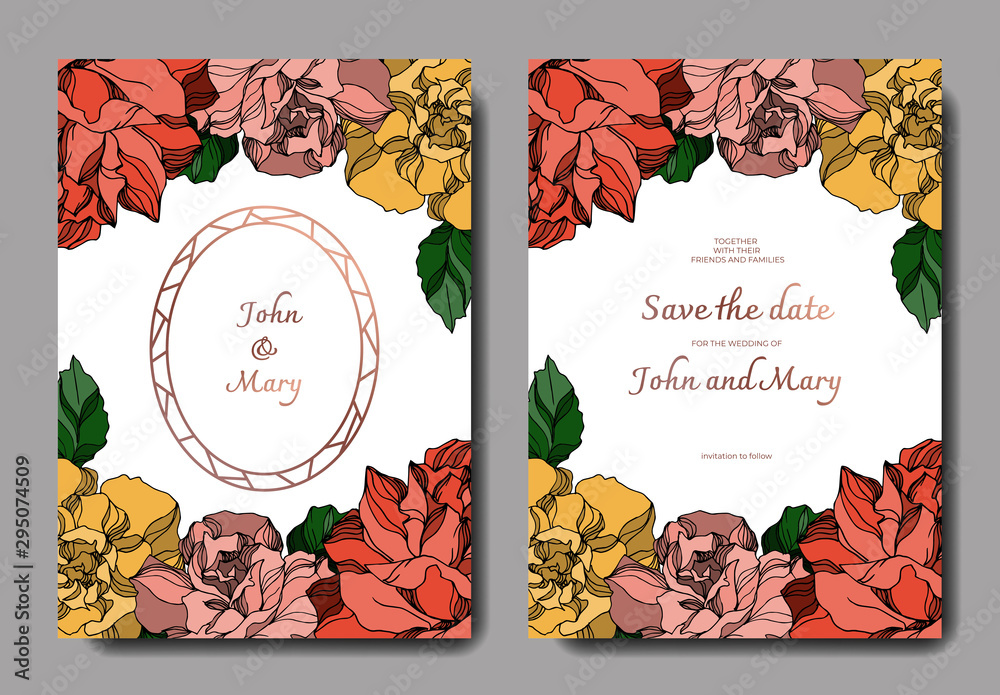 Fototapeta premium Vector Roses floral botanical flowers. Black and white engraved ink art. Wedding background card decorative border.