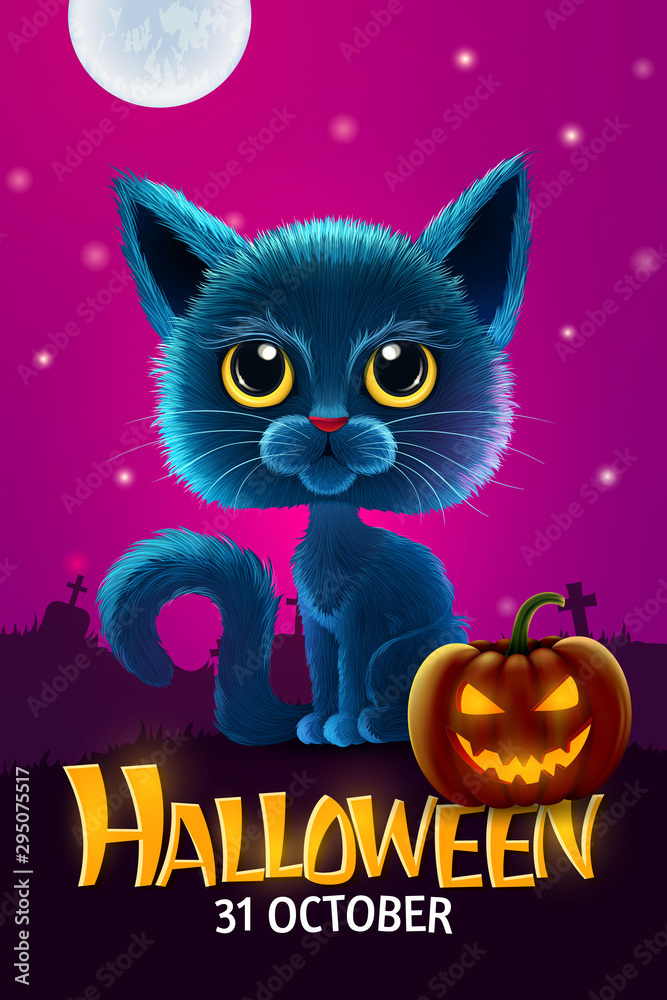 Halloween funny characters. Black cat with big eyes and glowing pumpkin. Invitation card for party and sale. Autumn holidays. Vector illustration EPS10. Halloween funny characters. Black cat with big eyes and glowing pumpkin. Invitation card for party and sale. Autumn holidays. Vector illustration EPS10.