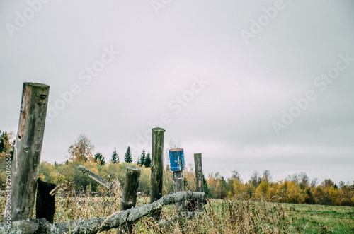 wooden fence with blue bucket