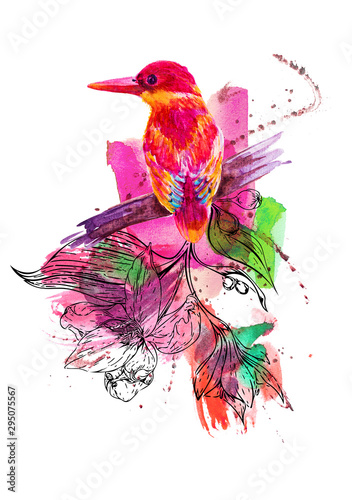 Tropical bird, painted in watercolor. Hand-painted colorful elements isolated on white background. Watercolor spot, Colored iridescence, hand painted art background for scrapbooking, cards design 