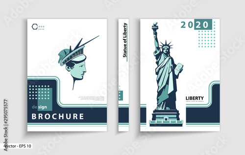 Brochure design cover template. Geometric design Statue of Liberty. New York City, buildings. First page, layout. Green and white design. Book, booklet, album, poster. Annual report, title. Ad text