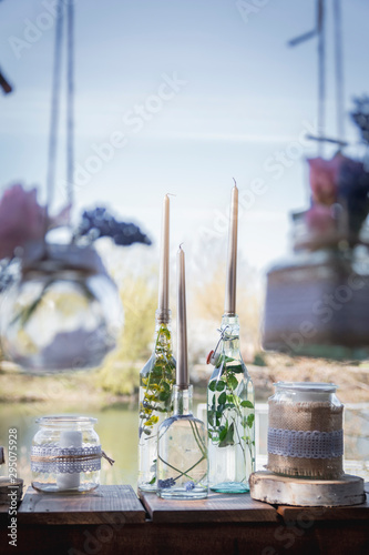 jars and battle decoration with flowers 