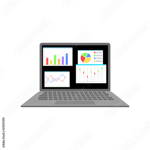 Laptop with financial review and infographic elements on screen. Isolated on white background. Flat style. Vector illustration.