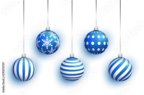 Blue Christmas tree toy set isolated on white background. Stocking Christmas decorations. Vector object for christmas design, mockup. Vector realistic object Illustration.