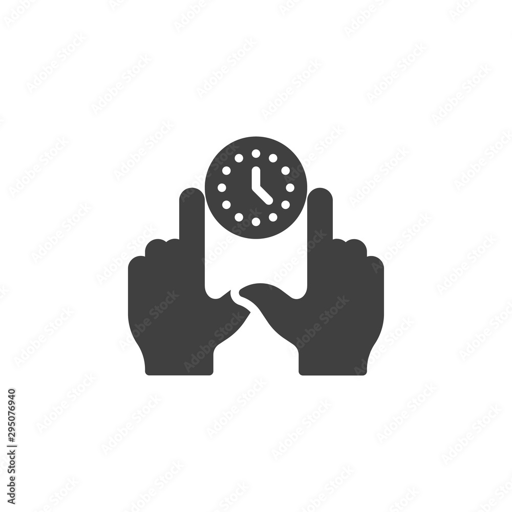 Hands with clock vector icon. filled flat sign for mobile concept and web design. Time management glyph icon. Symbol, logo illustration. Vector graphics