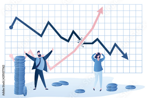 Growing chart breaks a falling chart. Happy male investor and sad female trader.