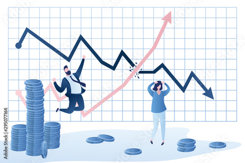 Growing chart breaks a falling chart. Happy male investor and sad female trader.