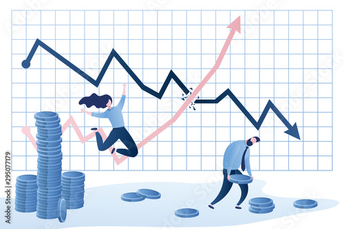 Growing chart breaks a falling chart. Happy female investor with profit and sad male trader with lesion