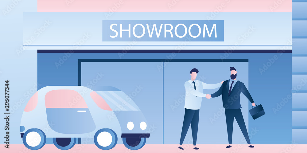 Businessmen shake hands near the show room building. Purchase or rental of vehicle Businessmen shake hands near the show room building. Purchase or rental of vehicle
