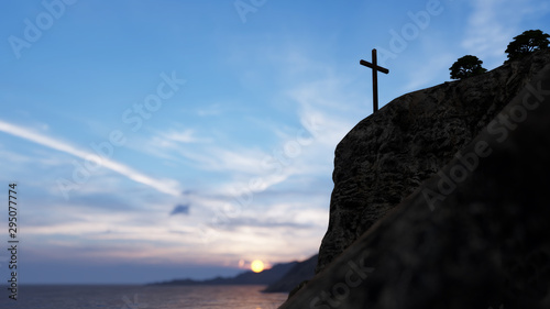 Concept or conceptual religious christian cross standing on rock in the sea or ocean over beautiful sunset sky. A background for faith, religion belief, Jesus Christ, spiritual church 3D illustration
