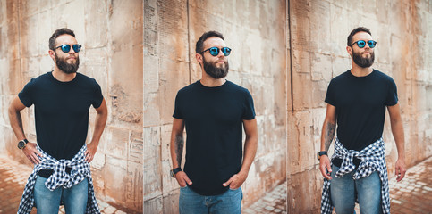 Collage of photos with young bearded guy in blank black t-shirt. Design men t shirt mock-up for print
