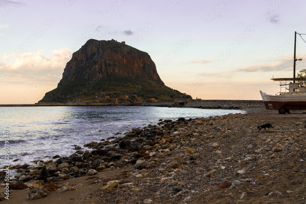 Monemvasia, Greece, a town located on a small island off the east coast of the Peloponnese and linked to the mainland by a short causeway
