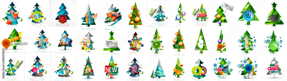 Set of Christmas and New Year design elements. Labels, buttons, tags, promotion banners and other templates. Snowflakes, Christmas pine trees and other holiday icons with place for text and buttons.