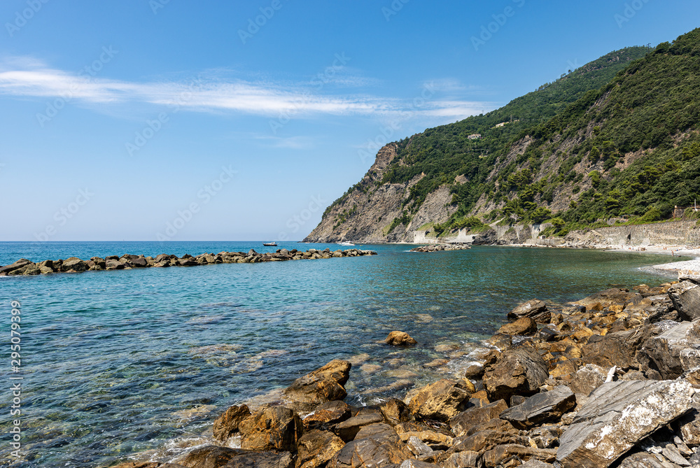Mediterranean Sea with cliff and coastline near the small Village of Framura. La Spezia, Liguria, Italy, Europe