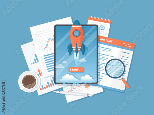 Tablet with launch rocket startup from the screen, documents, calculator. Business analysis, planning idea of successful project start up, strategy, innovation technology, project management Vector 